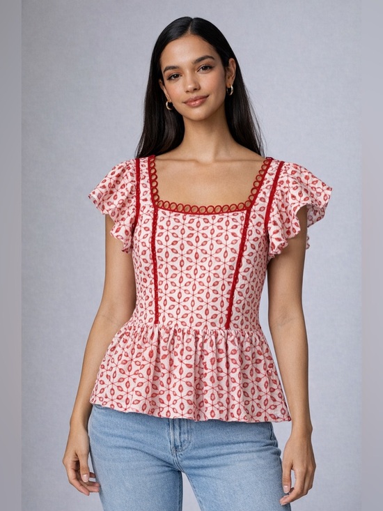 Sugarlips Tops - Sugarlips Red White Eyelet Embroidered Peplum Top Ruffle Sleeve Size L